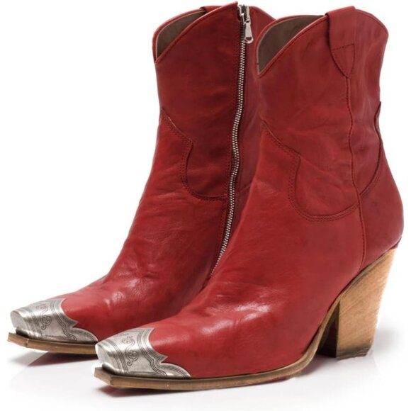 Women's Red Faux Leather Steel Toe Side Zipper Block Heel Western Ankle Boots - Picture 3 of 7